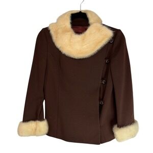 Vintage ILGWU Brown Knit Jacket Faux Fur‎ Collar Cuffs Side Button Union Made 8